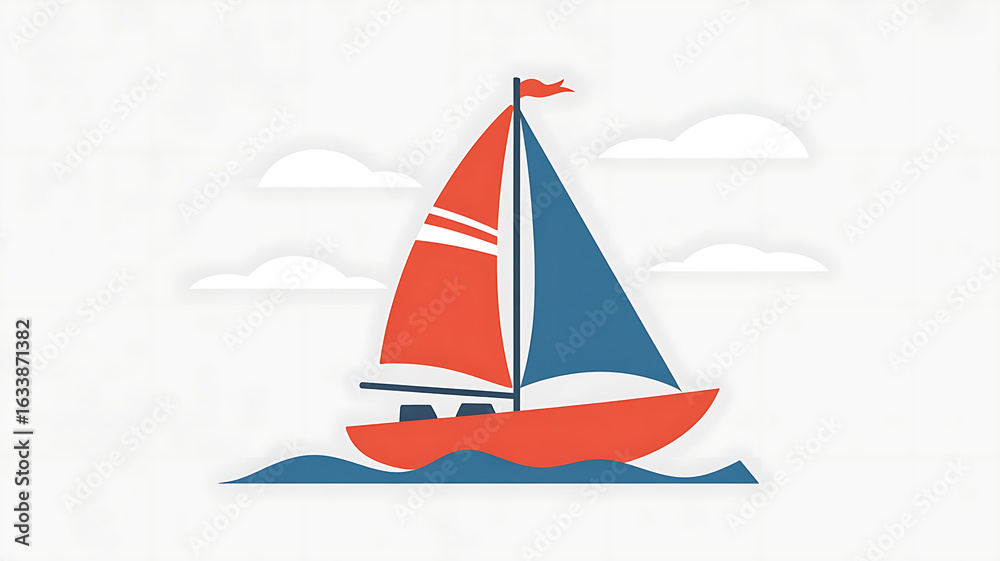 Fototapeta premium Red sailboat on blue water, sailing through clouds. 