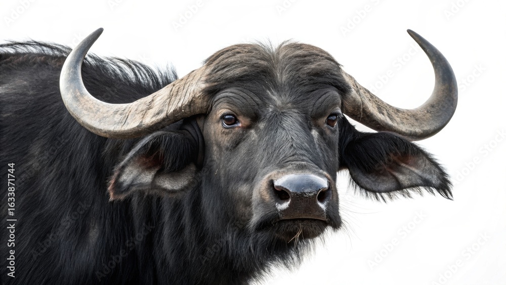 Naklejka premium Closeup portrait of a powerful african buffalo with large curved horns, isolated on white background