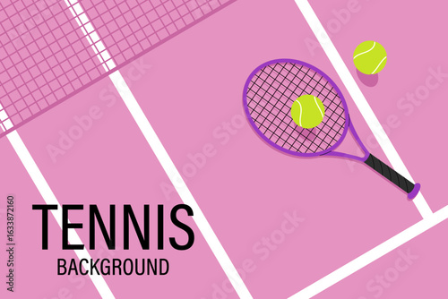 Sports background. Tennis competition poster with rackets and ball on pink background. For sports articles or sports equipment store