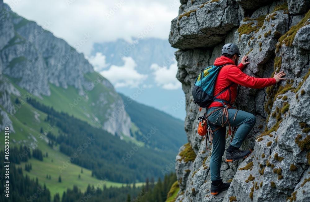 Fototapeta premium Woman rock climbing outdoors in mountain landscape with lush green hills and cloudy sky