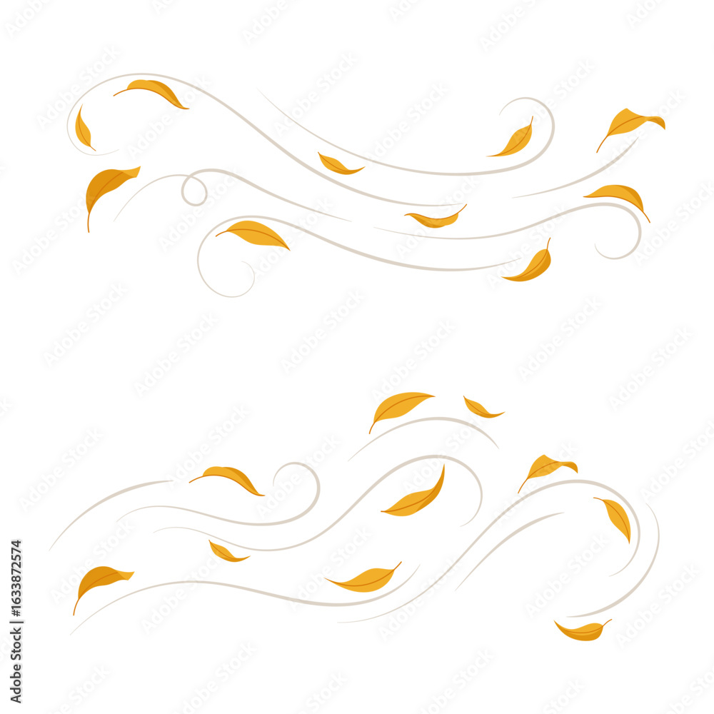 Fototapeta premium Vector illustration of wind swirls with autumn leaves. For seasonal and nature-themed design projects. Autumn wind with yellow leaves.