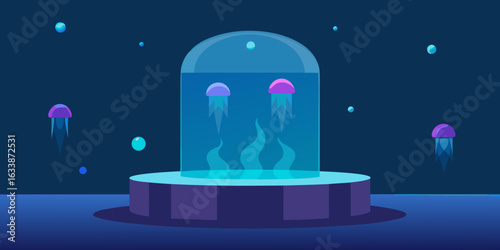 underwater glass podium glowing jellyfish ambient