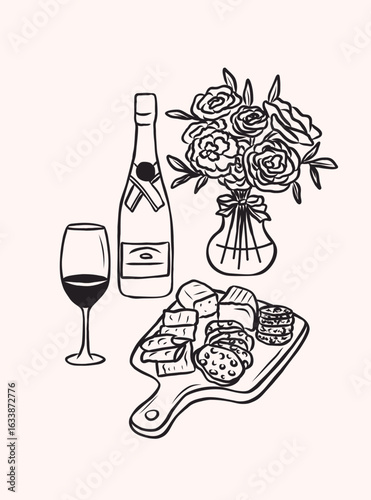 Hand drawn wine and charcuterie board