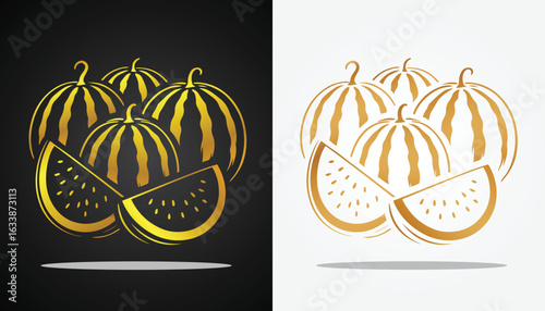 vector image logo of a watermelon cut with a knife in beautiful and beautiful gold color on a black and white background for design purposes