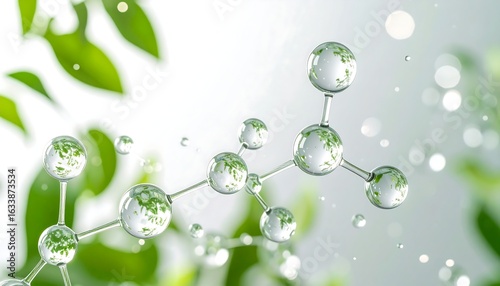 Molecular structure with green leaf bokeh background
