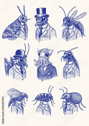Vintage-style anthropomorphic insects in formal suits, combining surreal fashion and entomology with detailed black-and-white engraving.