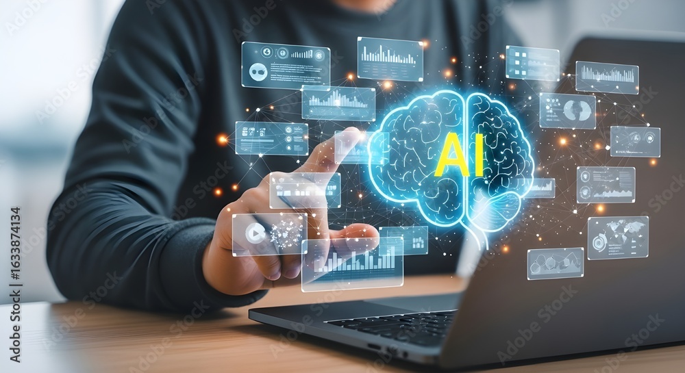 Obraz premium Close-Up of Hands Interacting with Holographic AI Brain Interface Above Laptop on Wooden Desk in Modern Setting