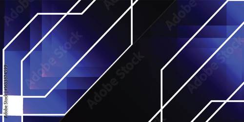 Abstract geometric design featuring overlapping translucent shapes in shades of dark blue and black, accented by white lines creating a sense of depth and movement.