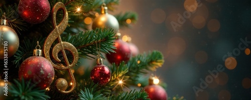 Ornate music note Christmas tree, glittering ornaments , treble clef, seasonal, winter wonderland