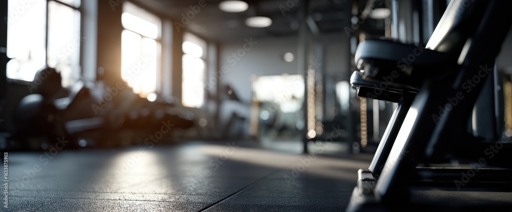Fototapeta premium Gym interior, blurry focus on equipment