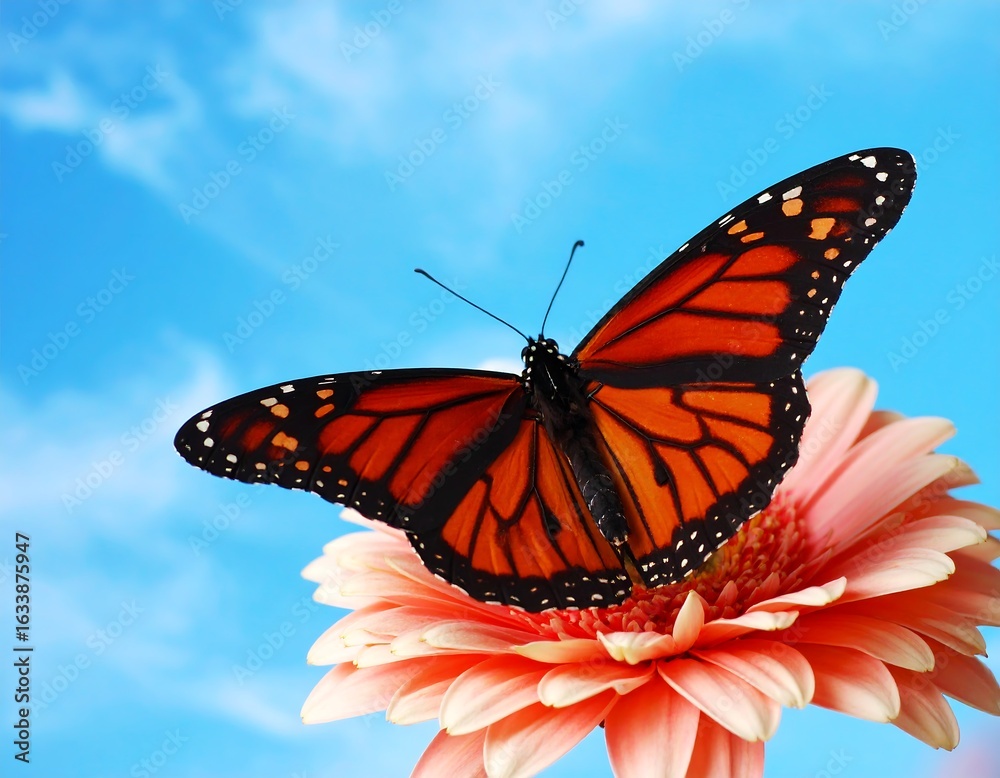 Naklejka premium Monarch butterfly perched on a pink flower against a bright blue sky