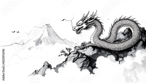 Majestic dragon atop a misty mountain