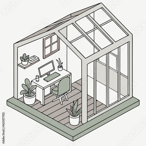 Isometric view of a greenhouse office setup with desk computer chair and potted plants inside a glass structure