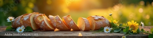 Golden sunlight streams, daisies near crusty bread loaves on aged wood , table, comfort, sun