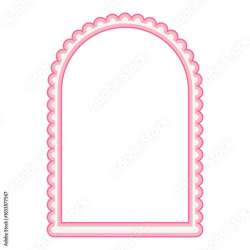 Retro funky pink thin arch geometric frame. Fun vintage colors border with scallop edges. Text box template. Vector illustration isolated on transparent background.