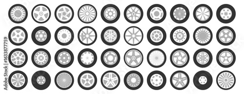 Wheel icon collection. Vehicle and auto parts set on transparent background