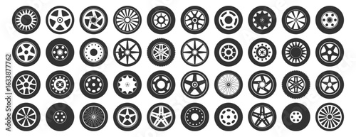 Car tire and wheel icon set. Rubber automobile tires, road maintenance and vehicle parts on transparent background