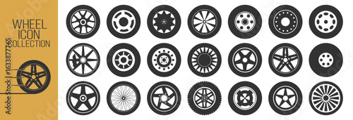 Car tire and wheel icon set. Rubber automobile tires, road maintenance and vehicle parts on transparent background