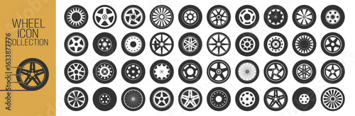Car tire and wheel icon set. Rubber automobile tires, road maintenance and vehicle parts on transparent background