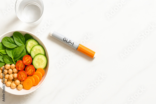 A vibrant salad of fresh vegetables and chickpeas arranged near a medical injector on a clean white surface, emphasizing health, balanced diet, and wellness solutions.