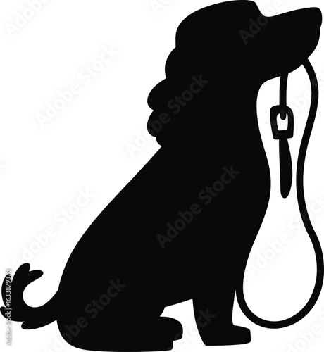 Dog silhouette holding leash, pet ready for walk, animal obedience, black and white vector, pet care, training, illustration, cute