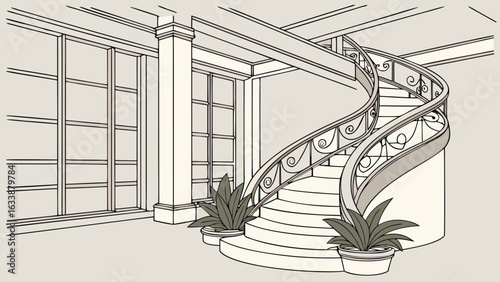 Interior drawing of a spiral staircase with decorative railing and potted plants near large window panels