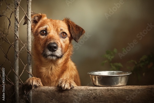 Cute dog asking for food with metal bowl near fence