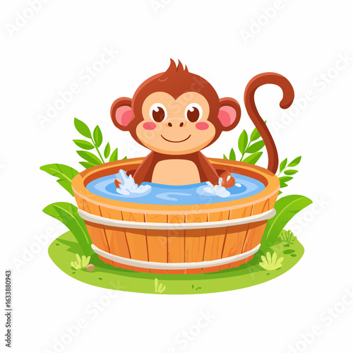 温泉に浸かるかわいい猿のイラスト（ベクター）