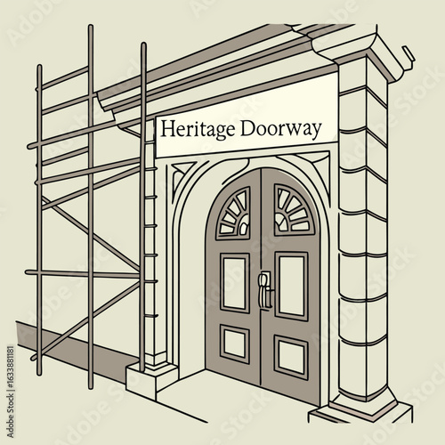 Illustration of a heritage doorway with scaffolding on the side and architectural details shown clearly