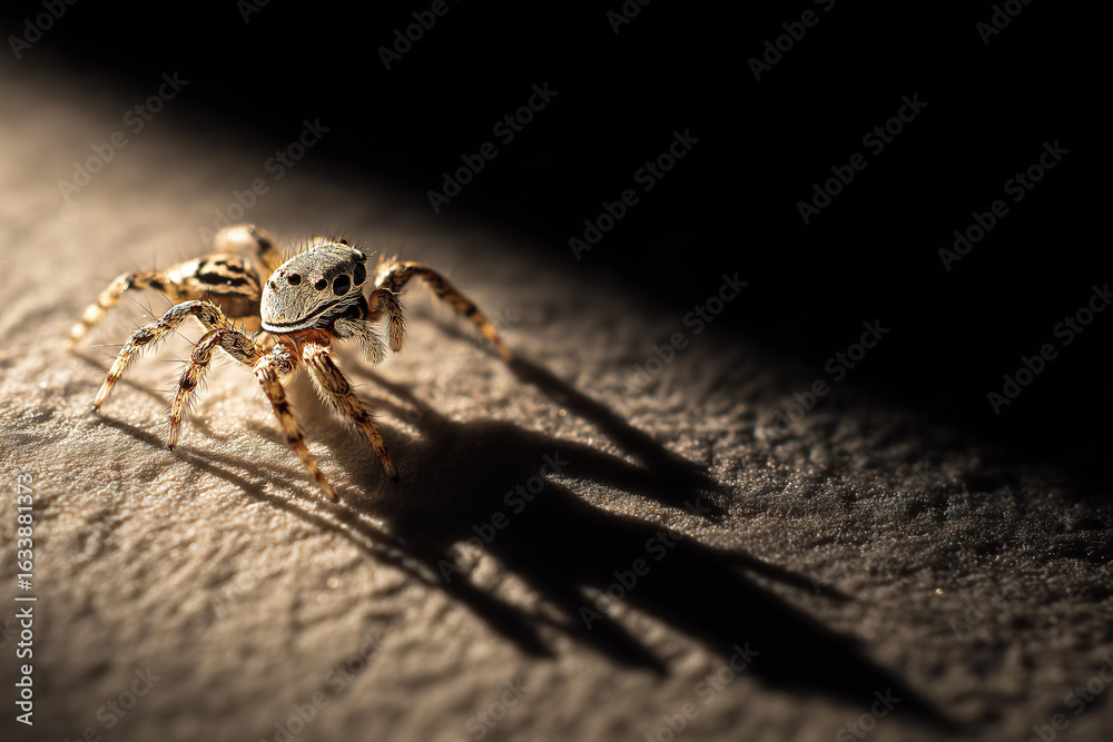 Obraz premium Close Up Macro of Jumping Spider with Long Shadow on Textured Surface