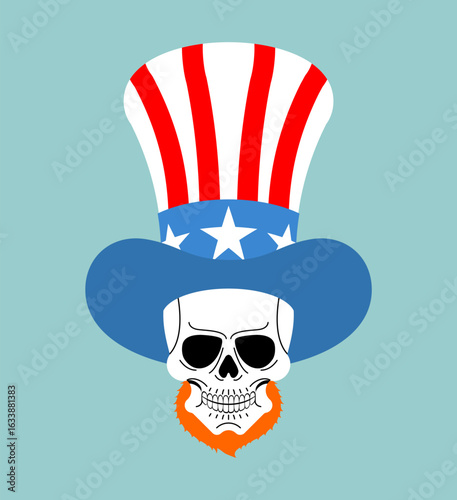 skull wearing Uncle Sam hat in American colors. Symbolic vector illustration representing patriotism, politics, or dark Americana themes.