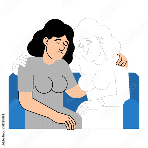 Lonely woman hugging transparent figure of a partner, representing grief, loss, memory, or emotional longing. Emotional vector illustration