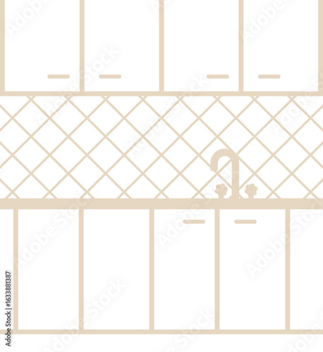 Minimalist kitchen interior with built-in cabinets and tiled backsplash. Clean and modern design ideal for culinary blogs, interior design projects, or real estate presentations.