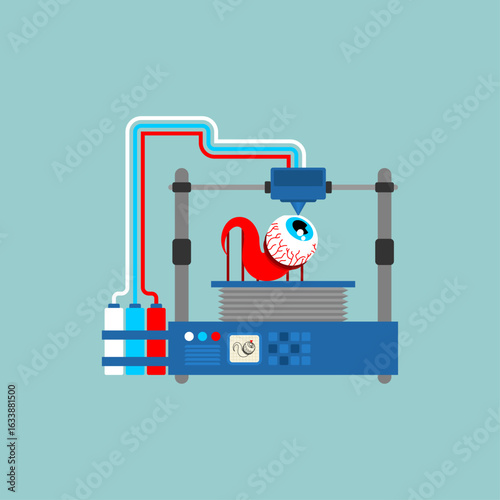 3D printer printing a realistic human eye. Conceptual image about biotechnology, organ printing, medical innovation, and futuristic science.
