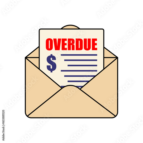 Overdue bill notice in an envelope. Concept of debt, financial stress, unpaid bills, or late payments. Simple vector design for economic topics.