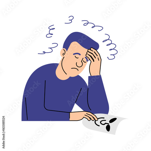 Man sitting with his head down, holding a mask, symbolizing emotional exhaustion, burnout, or hiding emotions. Concept of depression or mental fatigue.