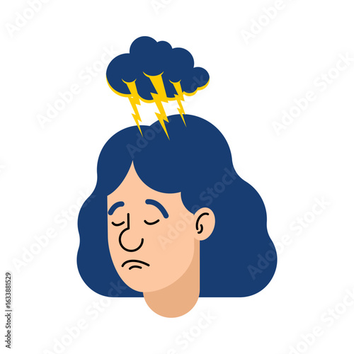 Depressed woman with a thundercloud above her head. Concept of mental illness, sadness, burnout, and emotional stress. Simple flat design.