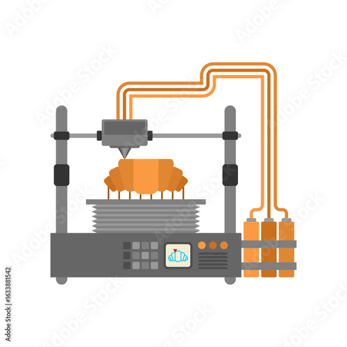 3D printer creating a croissant. Futuristic fusion of food tech and culinary design, symbolizing automation, innovation, and experimental cooking.