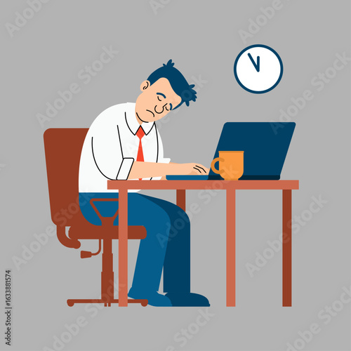 Office worker asleep at desk after working late. Concept of overwork, burnout, sleep deprivation, and modern corporate lifestyle in a demanding environment.