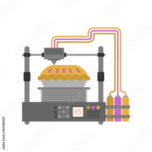 3D printer printing a pie. Represents futuristic food technology, smart kitchen appliances, and innovation in culinary science.