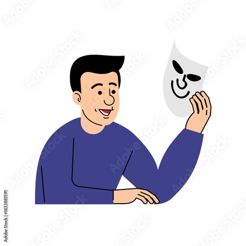Man hiding true emotions behind a happy mask. Conceptual illustration about pretending, social pressure, and emotional masking.