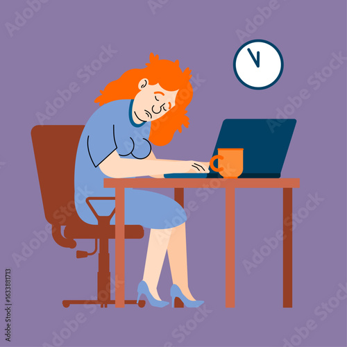 tired woman sits at a computer, overwhelmed with work. Symbolizes burnout, long hours, stress, remote work.