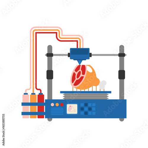 3D printer producing lab-grown meat. Futuristic concept of synthetic food, biotechnology, and alternative protein sources.