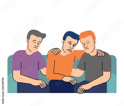Group of friends comforting a sad man. Emotional support, empathy, and mental health awareness. Ideal for social campaigns and psychological topics.