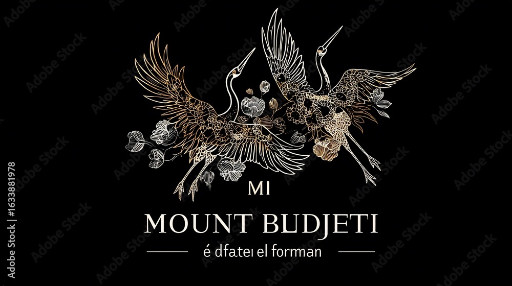 Obraz premium Elegant graphic featuring two cranes in flight, with floral details and text