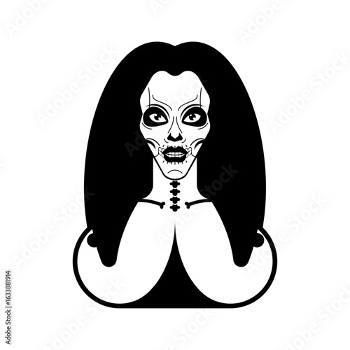 female skeleton with long black hair and gothic style. Dark, mysterious horror character with empty eyes and haunting aura. Ideal for Halloween or gothic-themed artwork.