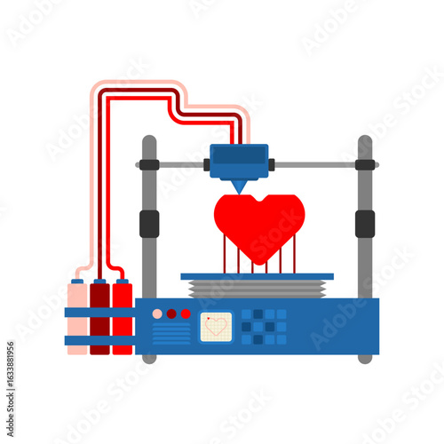 Bioprinter creating a symbolic red heart. Concept of future organ printing, biotechnology, and artificial life. Represents innovation in medical science.