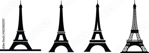 Eiffel Tower silhouettes, Paris landmark, iconic structure, French architecture, vector illustration, travel symbol, black and white design, editable art