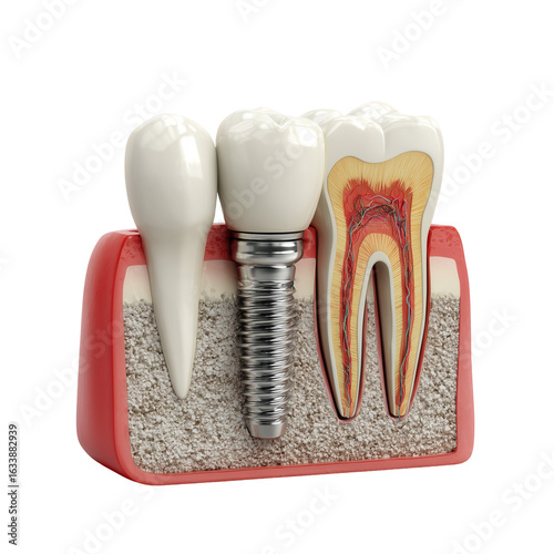 realistic 3D render of a dental implant, titanium screw and ceramic crown, cross-section view showing gum and bone structure
