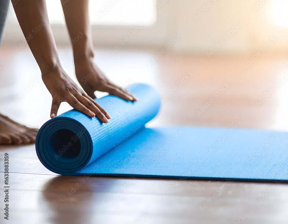 Fototapeta premium Woman Preparing for Yoga with Blue Mat on Wooden Floor – Calm Home Workout Concept